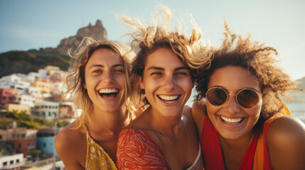 Travel photo of three girl friends, all smiling and happy with beautiful landscape
