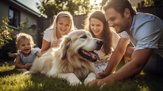 Portrait of a happy smiling family playing with their dog in the backyard garden
