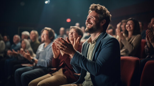 Man in a audience in a theater applauding clapping hands. cheering and sitting together and having fun