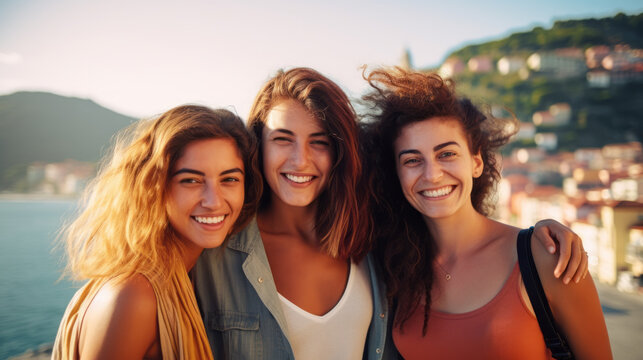 Travel photo of three girl friends, all smiling and happy with beautiful landscape