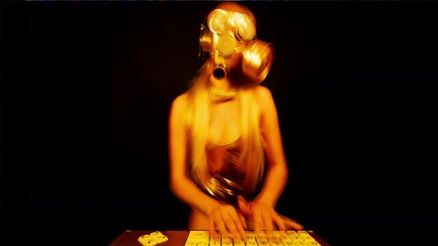 Female with gasmask on computer