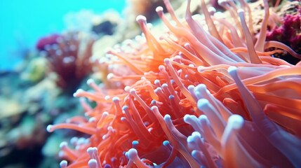 Naklejka na ściany i meble An orange and white sea anemone on a beautiful coral reef