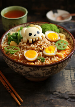 A Close Up Of A Bowl Of Ramen Adorned With A Spooky Anime Style Cartoon Skull 