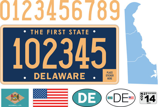 Delaware car license plate pattern, numbers and symbols, vector illustration, USA