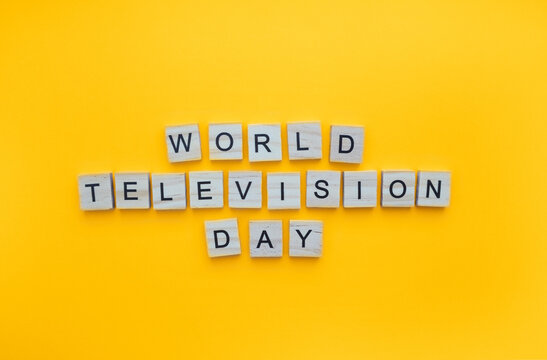 November 21, World Television Day, minimalistic banner with the inscription in wooden letters