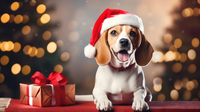 Cute dog wearing Santa Claus costume in christmas party .merry christmas concept.Created with Generative AI technology.