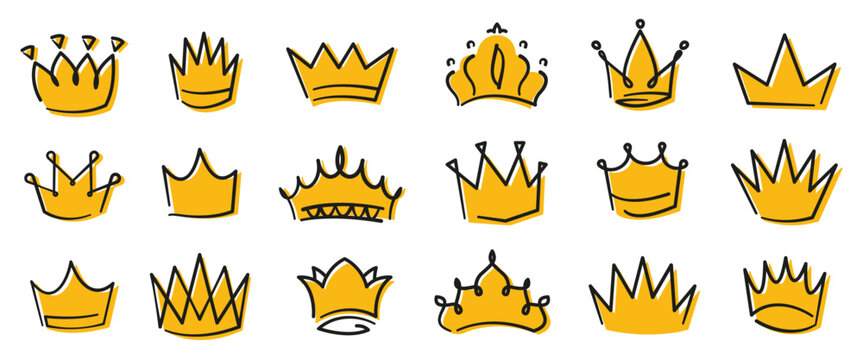 Yellow crown sketch. Medieval royal diadem, graffiti royalty crown and princess tiara. Hand drawn doodle luxury monarch logo vector set of medieval crown queen illustration