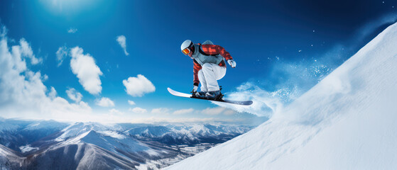 Naklejka na ściany i meble Snowboarder Jumping with Deep Blue Sky - Winter Sport Background 