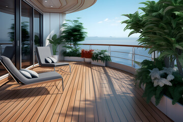 Fototapeta premium Wooden Deck Chair Overlooking the Ocean: Perfect for Relaxation and Peace