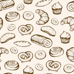 Bakery products Vector Seamless pattern. Baked goods sketch. Vector background illustration for bakery shop.
