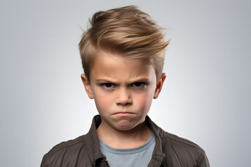 Offended upset boy looking into the camera. Studio shot portrait isolated on white background