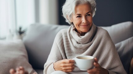 Beautiful mature female sitting on the sofa in winter time and drinking hot tea - obrazy, fototapety, plakaty