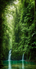 Fototapeta na wymiar Lush jungle, river, waterfall, green foliage, vines in a vibrant natural scene.