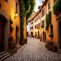 Cobbled street in a picturesque European town with blooming flowers under a clear sky
