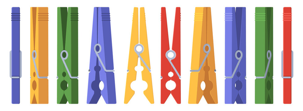 Clothes pegs. Colorful wooden and plastic pins for household clothesline, laundry fasteners flat style. Vector isolated set of clothesline for clothes, housework closeup illustration