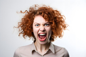 Angry  woman shouting or screaming. Facial emotions. Empty space studio shot