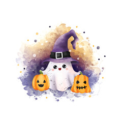 Watercolor illustration cute little ghost and pumpkin