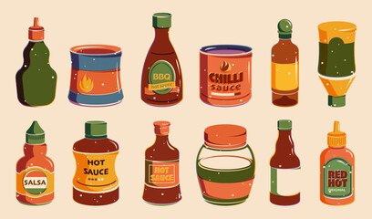 Sauce bottles. Cartoon ketchup, mustard and mayonnaise bottles with caps and labels for restaurant and fast food packaging design. Vector set. Red hot, chili, bbq and salsa dressing