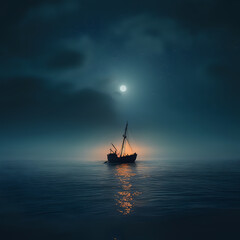Night on the ocean, moon and ship 2