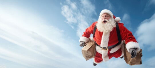 Photo of santa claus flying on the background of sky