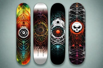 skull and spider web mixing Skateboard deck designs with eye catching color.