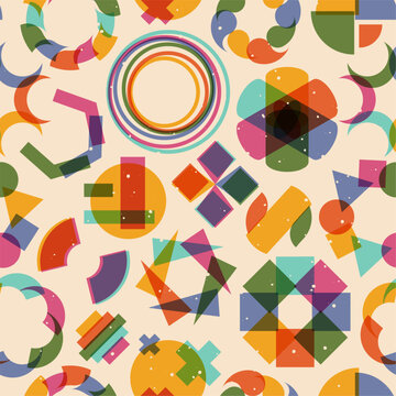 Riso effect pattern. Seamless print with retro glitch overlapped effect, abstract 90s style linocut design. Vector texture. Round, square and triangle vivid shapes wrapping paper or wallpaper