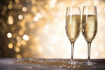 Glasses of champagne on table against blurred lights. Space for text
