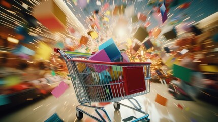 A shopping cart with a vibrant and colorful backdrop - obrazy, fototapety, plakaty