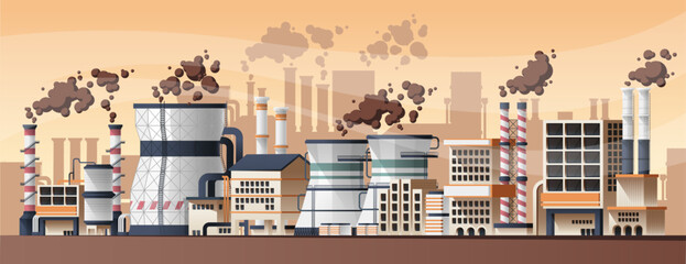 Industrial factory landscape. Cartoon city with power plant and refinery, heavy industry production building exterior view. Vector panorama. Manufacturing with toxic fumes, environmental pollution