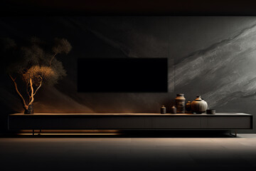 Modern interior of living room with tv on the cabinet on dark gray wall background