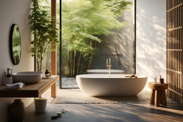 Biophilic Design, A spa-like bathroom with a freestanding bathtub placed near a window, offering a relaxing view of a private garden. Bamboo and stone, living moss.