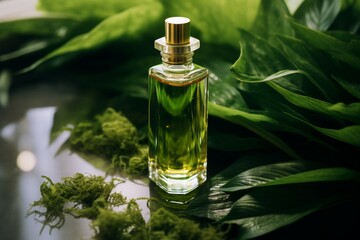 Obraz na płótnie Canvas A serum flask resting gracefully on verdant leaves, nature's secret for rejuvenation