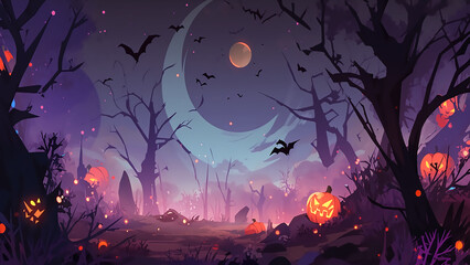 Halloween background where the moon rises in the terrifying forest with Jack o' lantern. Generative AI