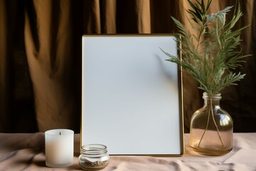 Obraz na płótnie Canvas Empty picture frame stands beside a transparent glass vessel, awaiting memories