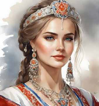 Portrait of an russian woman. russian beauty young woman in russian national costume. generative AI
                        
                        