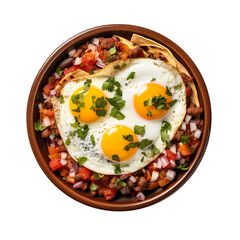Top view of Mexican food Huevos Rancheros  isolated on a white transparent background 
