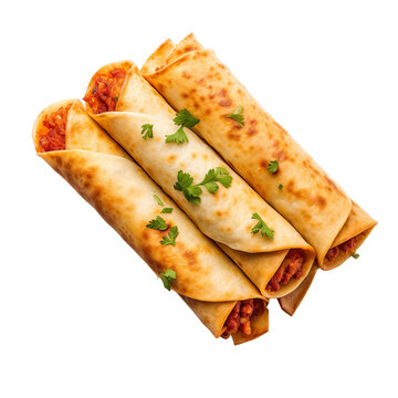 Top view of Mexican food Flautas isolated on a white transparent background 