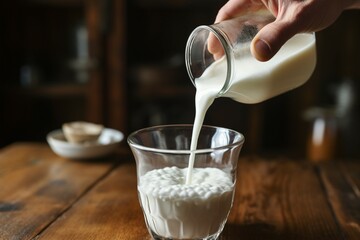 Hand pours milk into a glass on a table, a beverage preparation - obrazy, fototapety, plakaty