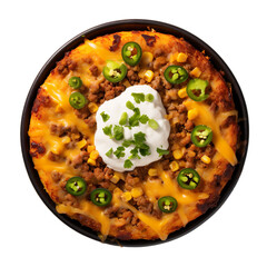 Top view of Mexican food Tamale Pie isolated on a white transparent background 