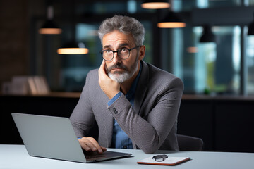 Male corporate employee or financial accountant working in office. Serious man sitting at his desk with laptop computer and paperwork, looking at screen with confused face expression and thinking