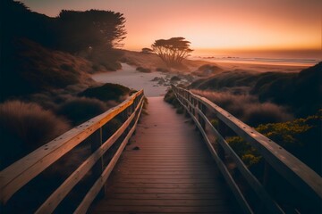 a wooden walkway leading to a beach at sunset in Cambria a beautiful and intricate matte painting trending on unsplash breathtaking scenery  - obrazy, fototapety, plakaty