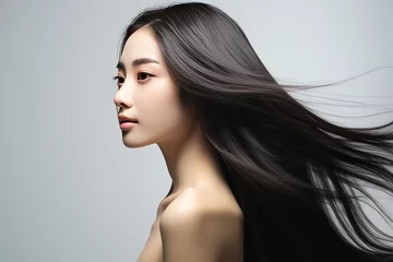 Foto auf Acrylglas Antireflex Beautiful long hair asian woman model hair smooth brunette hairstyle model, Product model advestising, Generative AI © Intelligence Studio