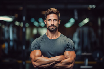 Man gym standing confident with crossed hands blurred background - obrazy, fototapety, plakaty