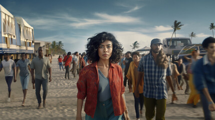 stressed or angry adult woman, 30s 40s, tanned skin color, walks along the sandy beach, event or disaster