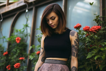 Attractive young woman with tattoo and bob hairstyle near red roses