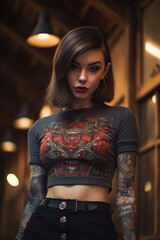 Portrait of a seductive young woman with tattoos and bob hairstyle