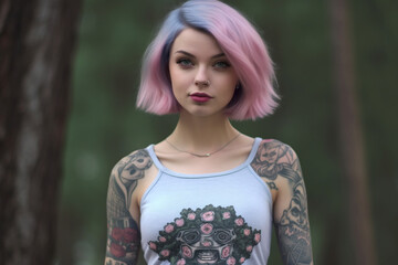 Attractive woman with pink hair on the street, slender girl with a bob hairstyle