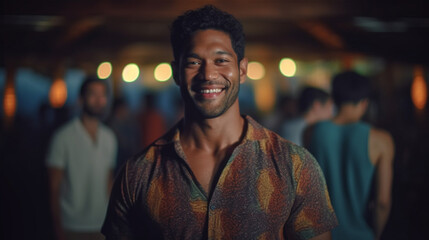 happy smiling adult man, wearing summer shirt, tanned skin color, on tropical vacation on an island, nightlife and partying