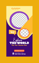 Enjoy holiday roll up banner design. Travel and tourism agency standee design template.