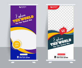 Enjoy holiday roll up banner design. Travel and tourism agency standee design template.